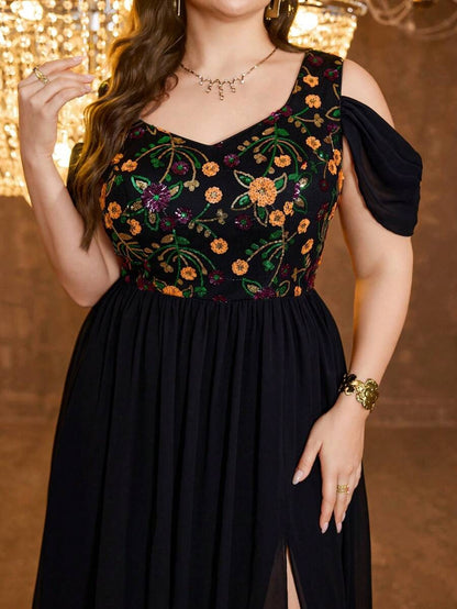 Embroidered Georgette Black Maxi Dress with Thigh Slit