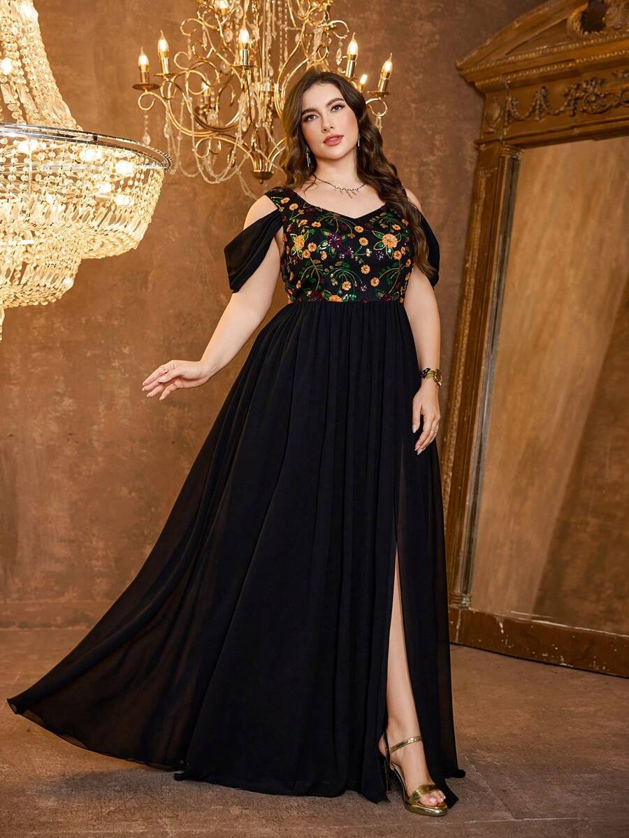 Embroidered Georgette Black Maxi Dress with Thigh Slit