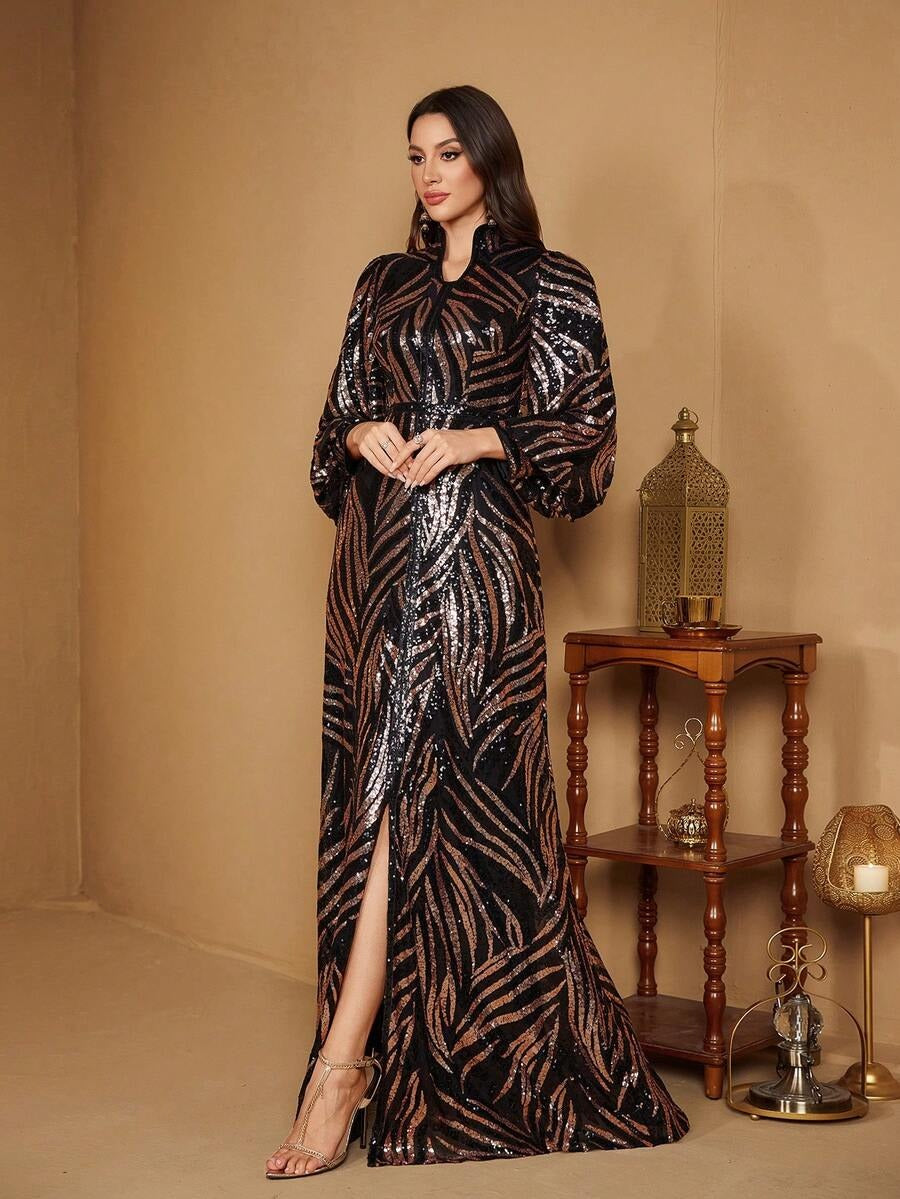 Rovika Fashion Women's Black & Rose Gold High-Neck Sequin Evening Gown
