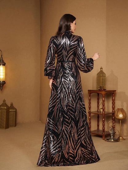 Rovika Fashion Women's Black & Rose Gold High-Neck Sequin Evening Gown
