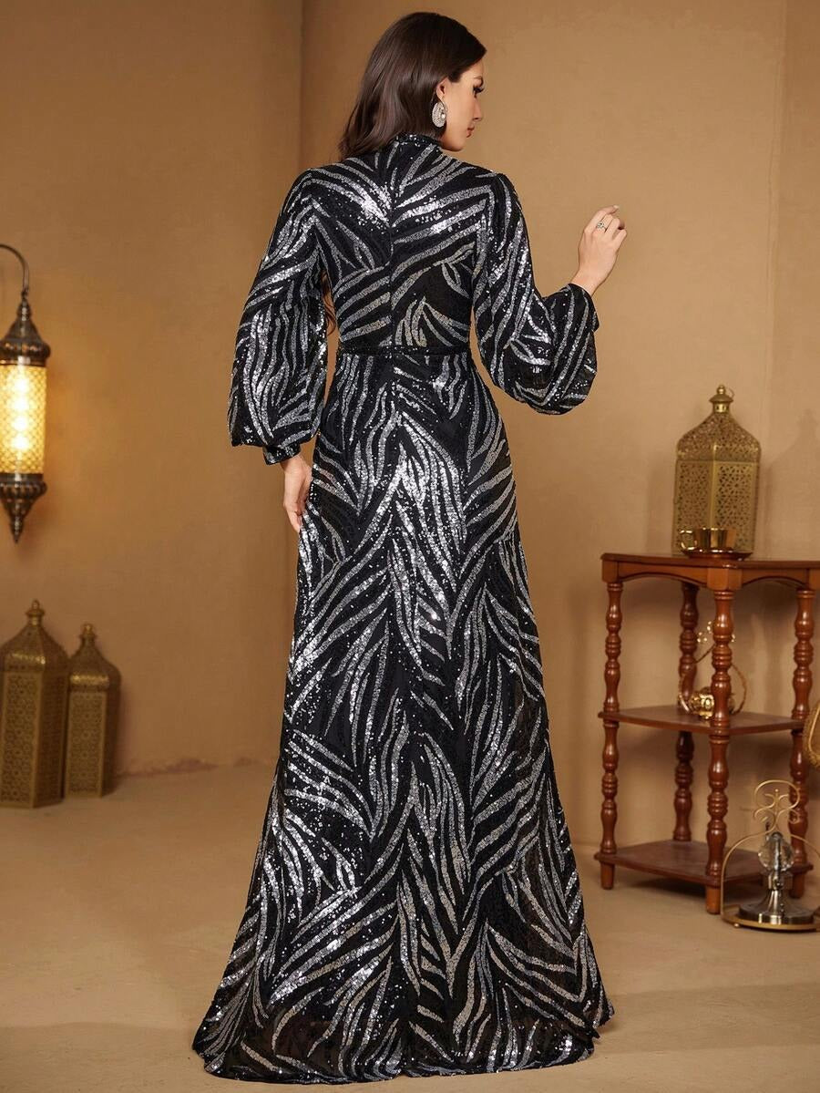 Rovika Fashion Women's Black & Silver High-Neck Sequin Evening Gown
