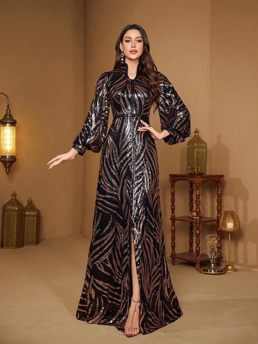 Rovika Fashion Women's Black & Rose Gold High-Neck Sequin Evening Gown