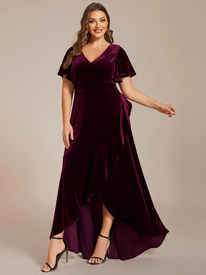 Rovika Fashion Women's Burgundy Velvet V-Neck Ruffled High-Low Evening Gown