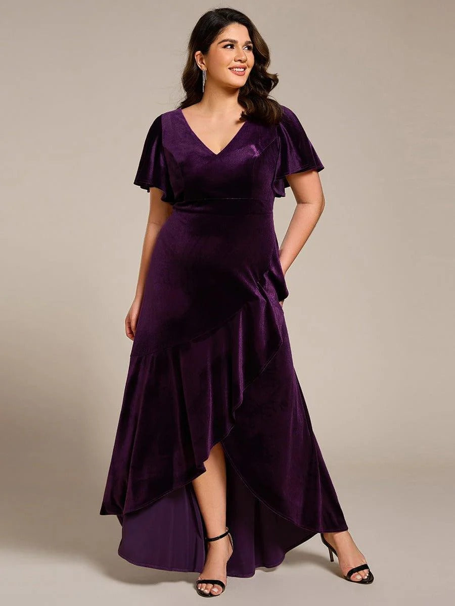 Rovika Fashion Women's Dark Purple Velvet V-Neck Ruffled High-Low Evening Gown