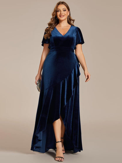 Rovika Fashion Women's Navy Blue Velvet V-Neck Ruffled High-Low Evening Gown