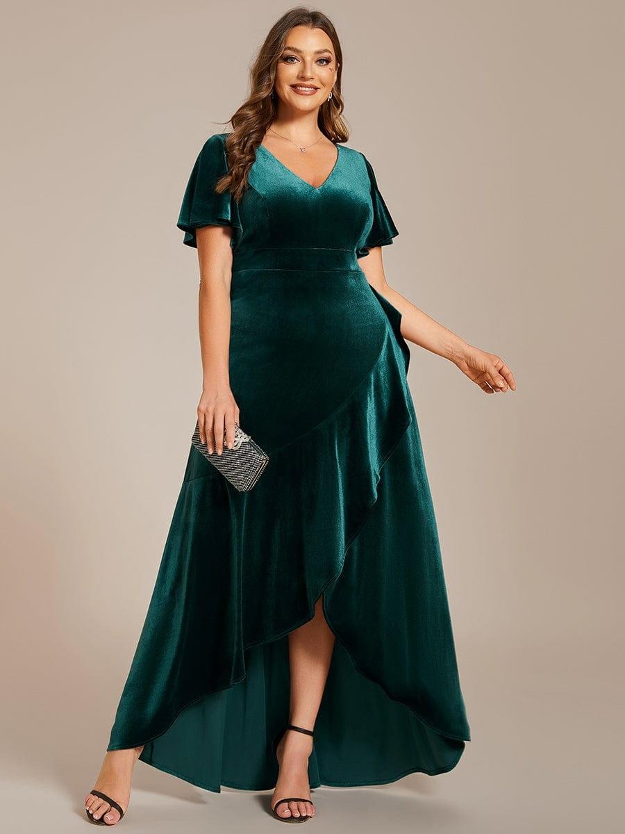 Rovika Fashion Women's Dark Green Velvet V-Neck Ruffled High-Low Evening Gown