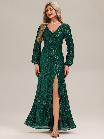 Rovika Fashion Women's Emerald Green Sequin Bishop Sleeve Evening Gown