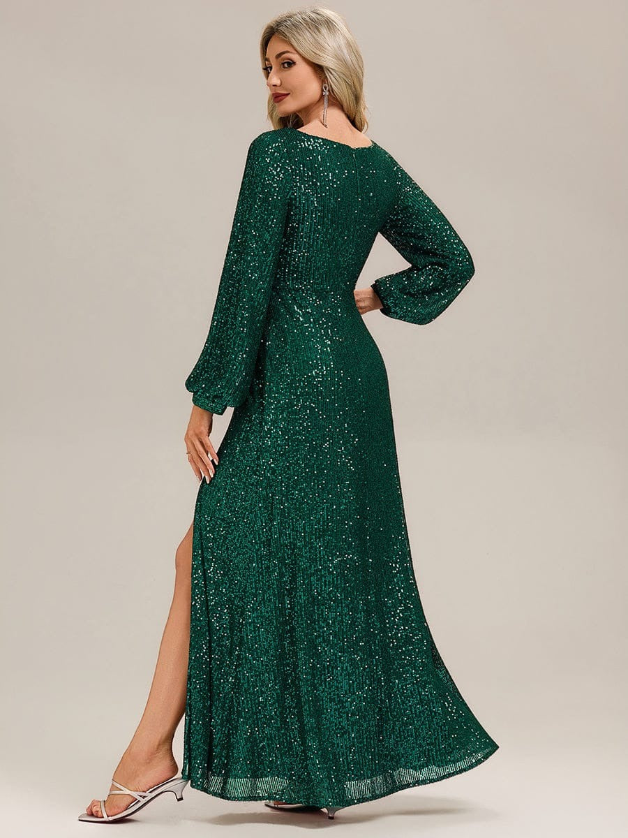 Rovika Fashion Women's Emerald Green Sequin Bishop Sleeve Evening Gown