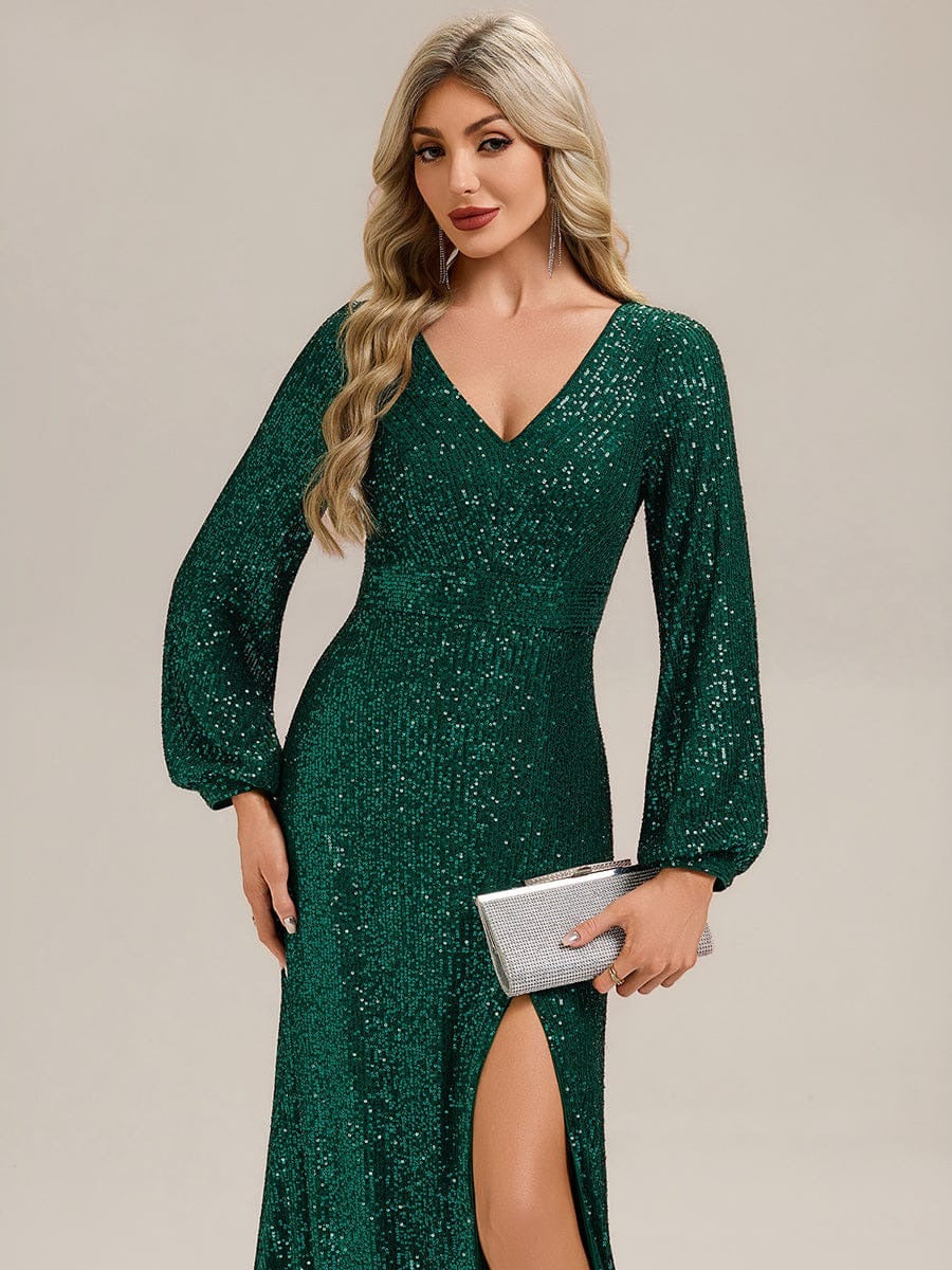 Rovika Fashion Women's Emerald Green Sequin Bishop Sleeve Evening Gown
