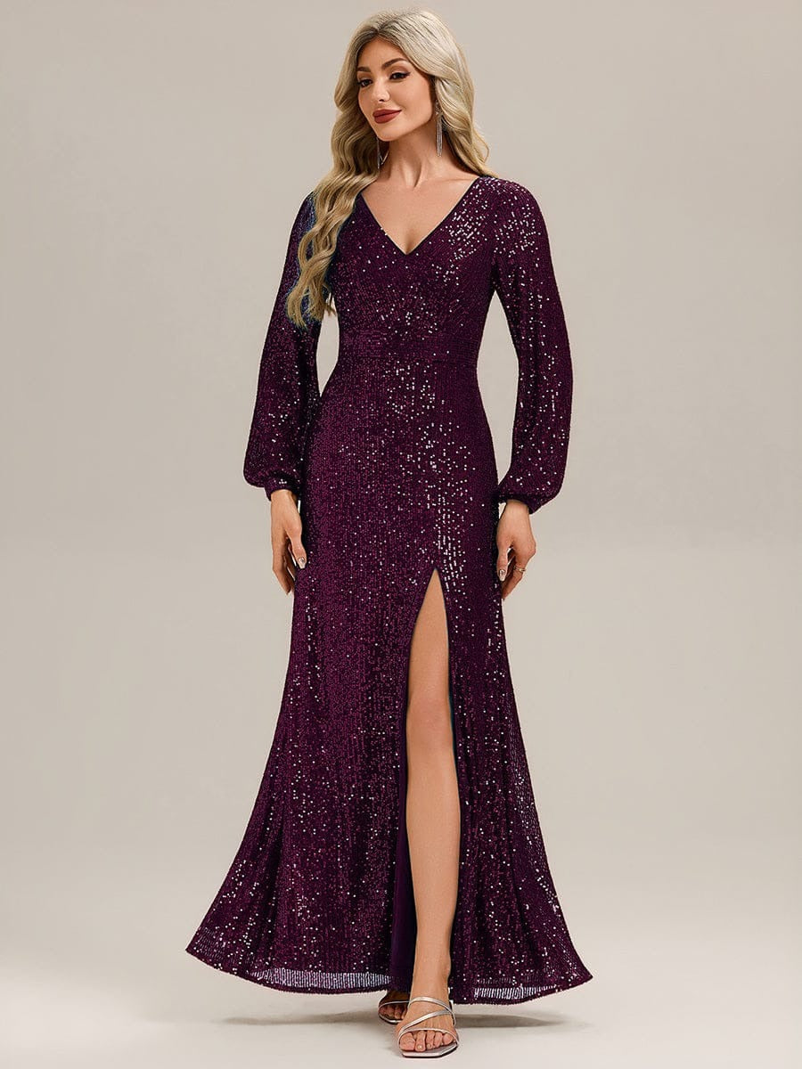 Rovika Fashion Women's Deep Purple Sequin Bishop Sleeve Evening Gown