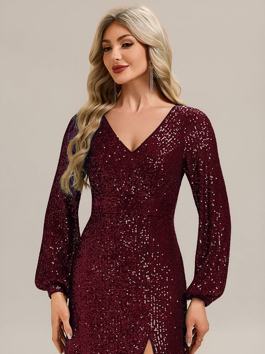 Rovika Fashion Women's Wine Sequin Bishop Sleeve Evening Gown