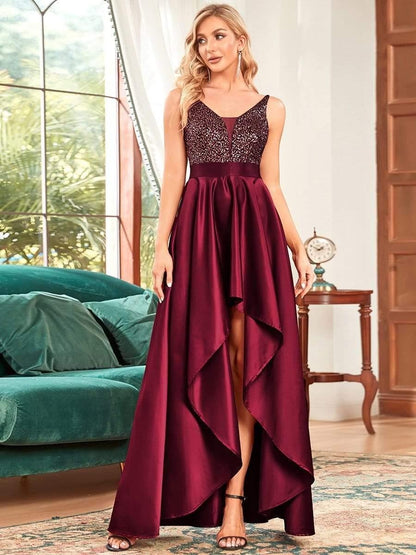 Rovika Fashion Women's Wine Sequin Satin High-Low Evening Gown