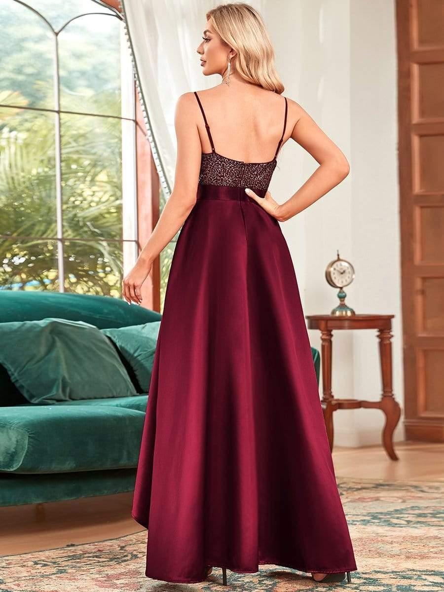 Rovika Fashion Women's Wine Sequin Satin High-Low Evening Gown