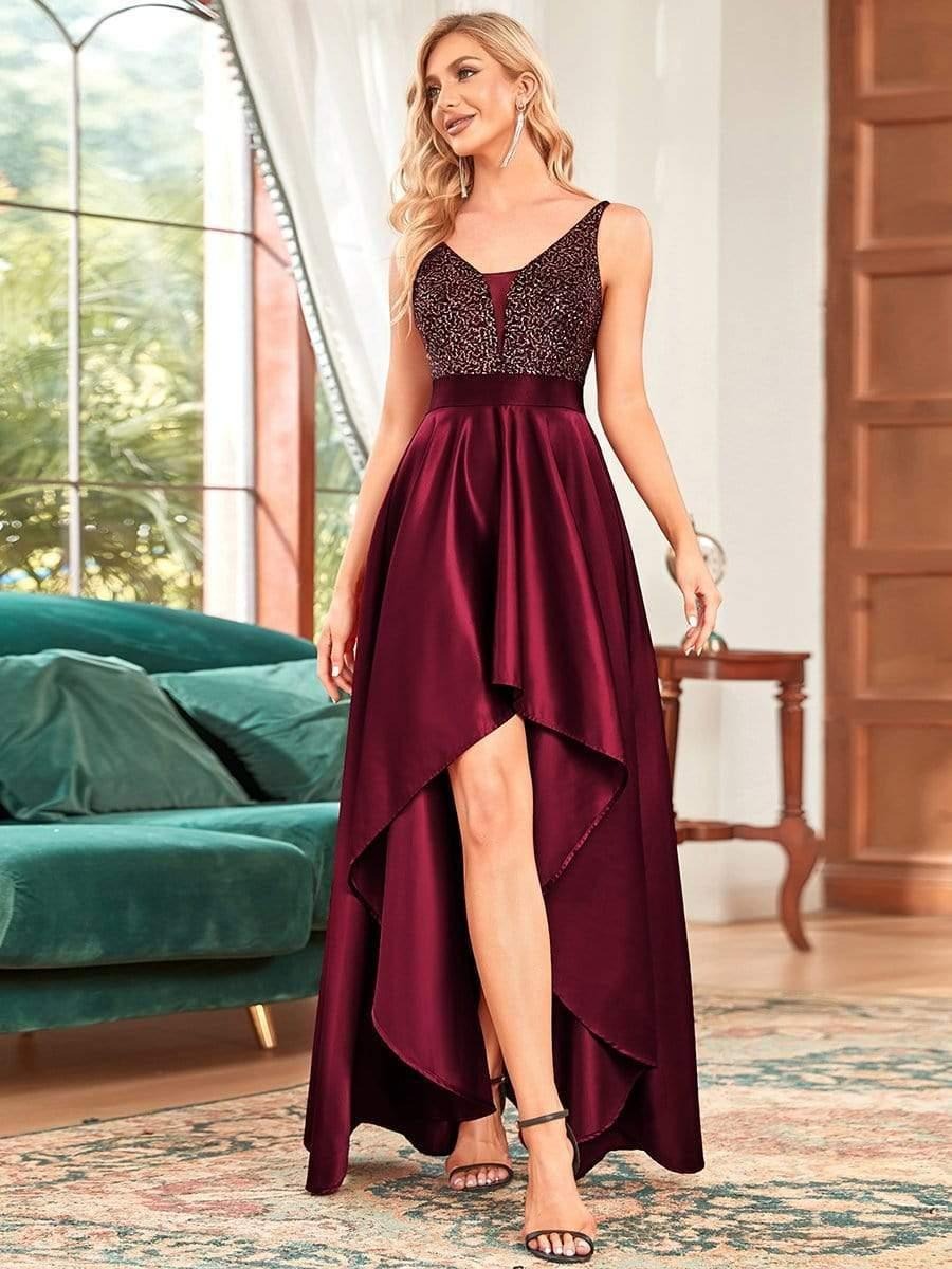 Rovika Fashion Women's Wine Sequin Satin High-Low Evening Gown