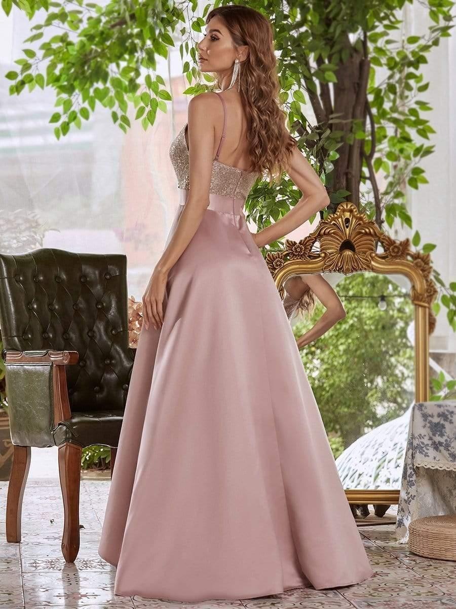 Rovika Fashion Women's Rose Gold Sequin Satin High-Low Evening Gown