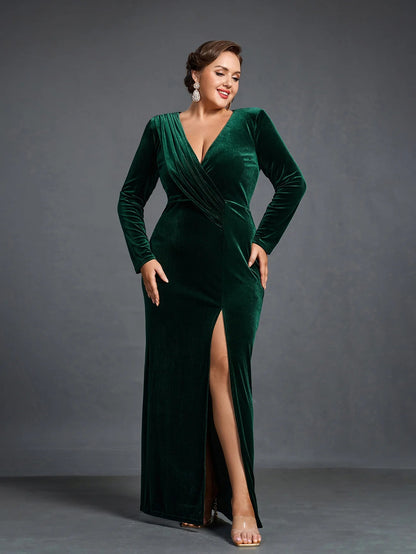 Rovika Fashion Women Elegant  velvet  Maxi Gowns Dress Green