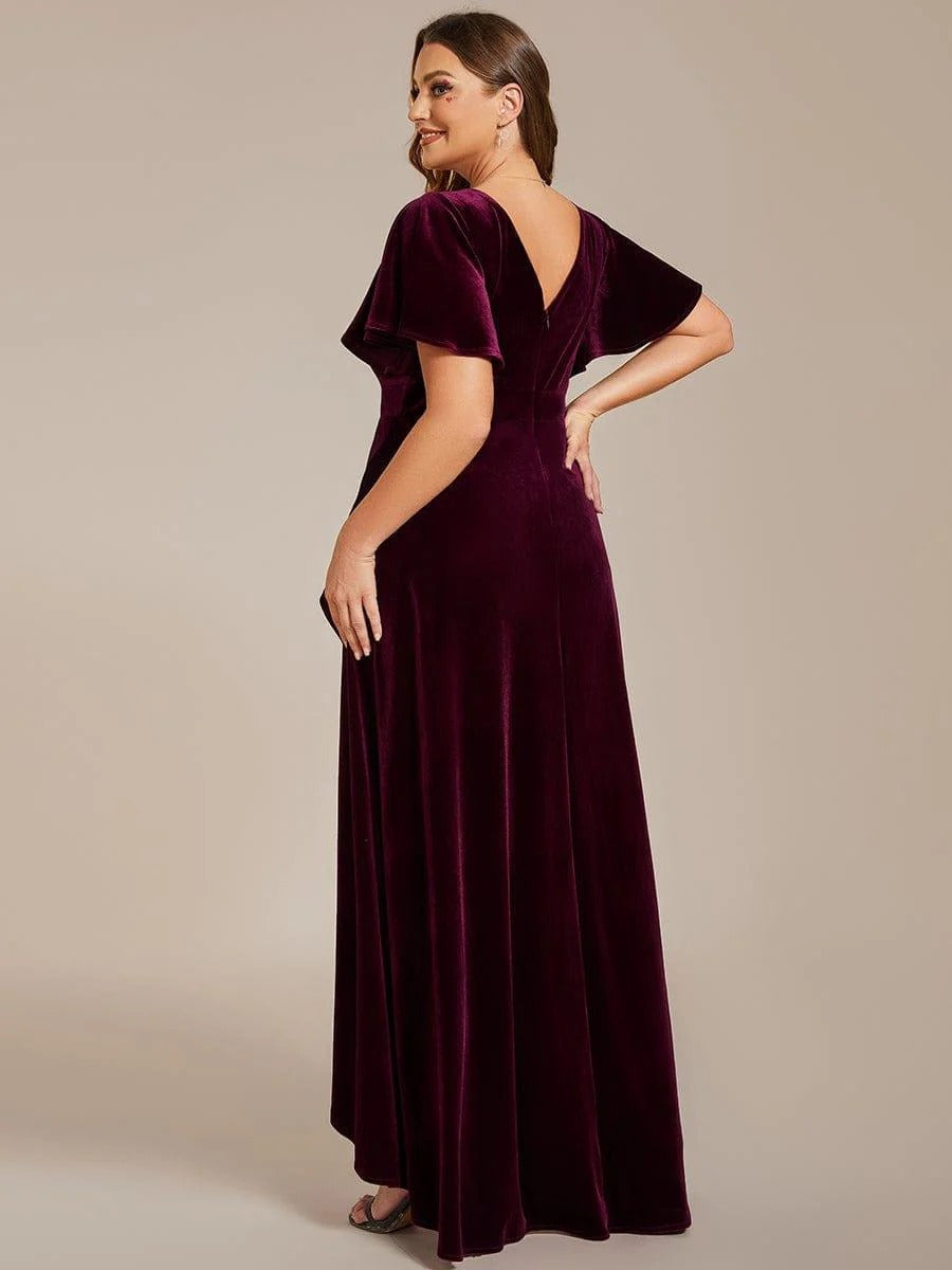 Rovika Fashion Women's Burgundy Velvet V-Neck Ruffled High-Low Evening Gown
