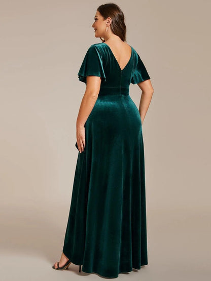 Rovika Fashion Women's Dark Green Velvet V-Neck Ruffled High-Low Evening Gown