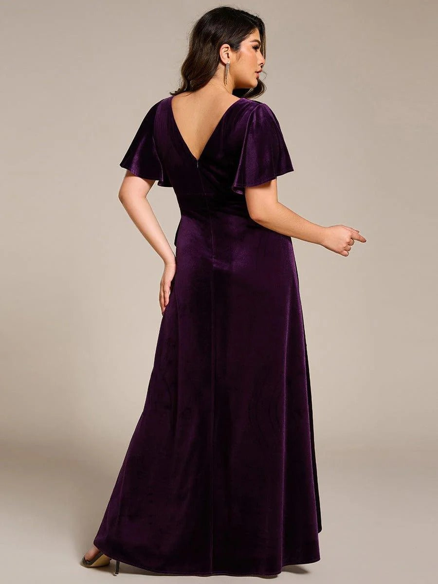 Rovika Fashion Women's Dark Purple Velvet V-Neck Ruffled High-Low Evening Gown