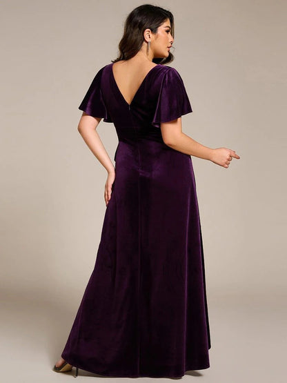Rovika Fashion Women's Dark Purple Velvet V-Neck Ruffled High-Low Evening Gown