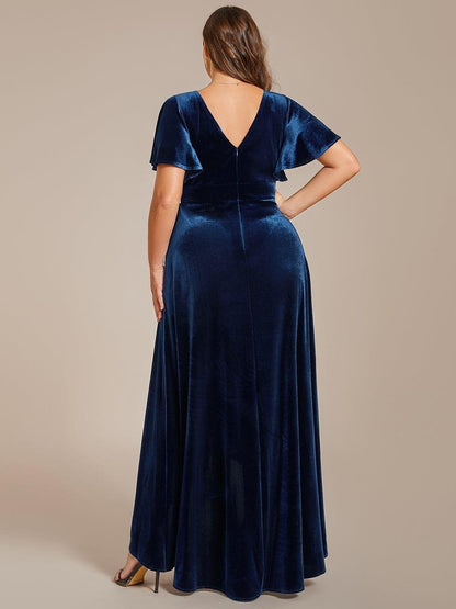 Rovika Fashion Women's Navy Blue Velvet V-Neck Ruffled High-Low Evening Gown