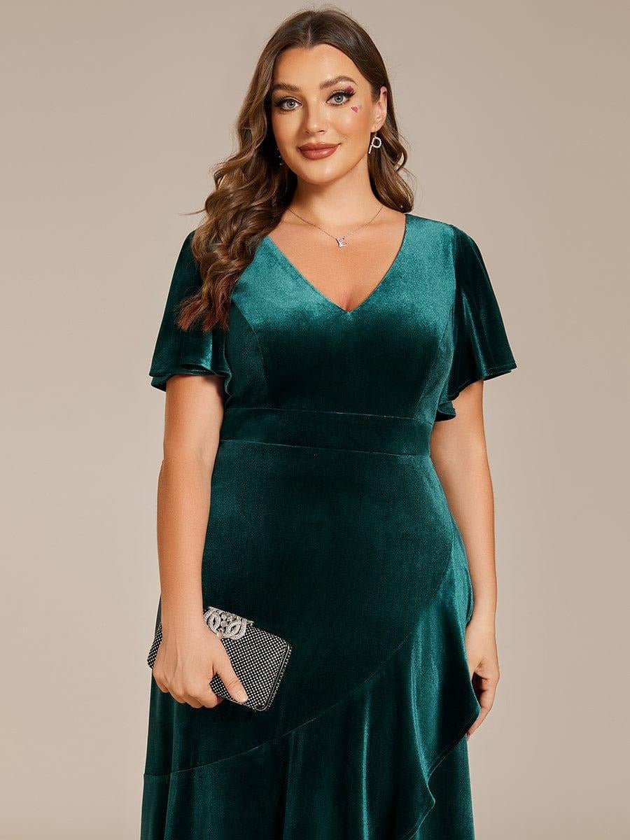Rovika Fashion Women's Dark Green Velvet V-Neck Ruffled High-Low Evening Gown