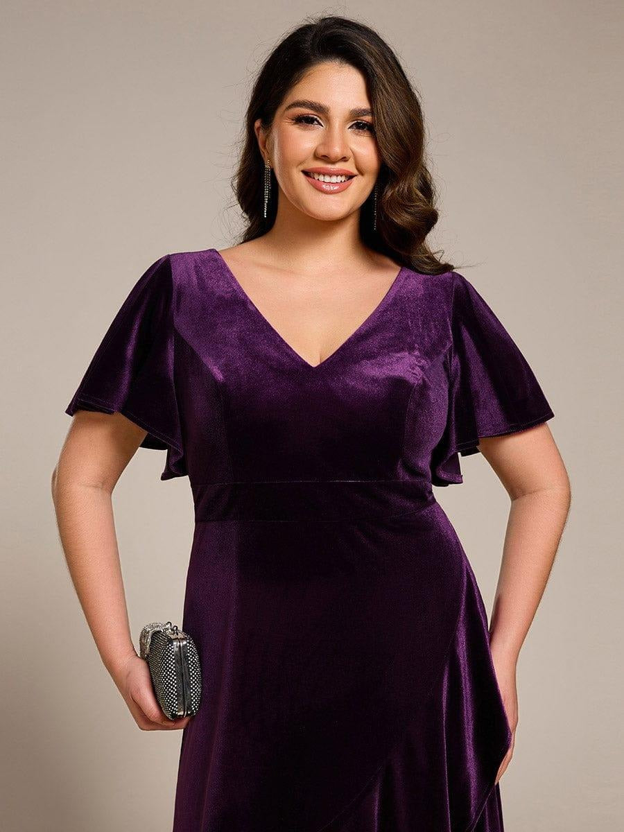 Rovika Fashion Women's Dark Purple Velvet V-Neck Ruffled High-Low Evening Gown