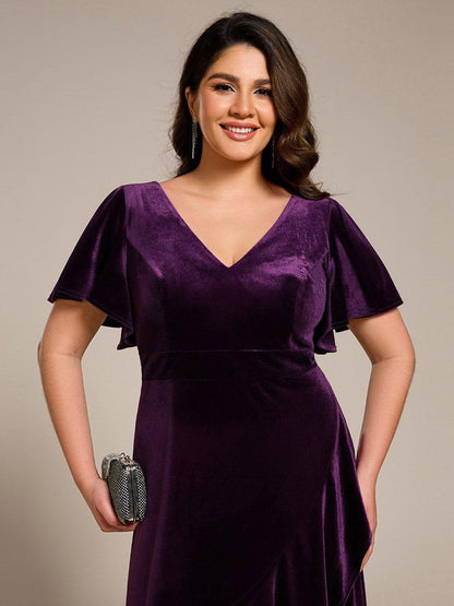 Rovika Fashion Women's Dark Purple Velvet V-Neck Ruffled High-Low Evening Gown