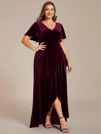 Rovika Fashion Women's Burgundy Velvet V-Neck Ruffled High-Low Evening Gown