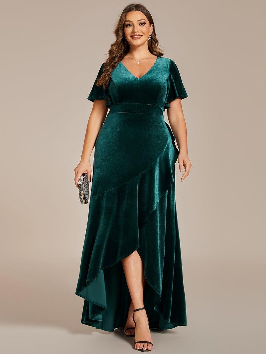 Rovika Fashion Women's Dark Green Velvet V-Neck Ruffled High-Low Evening Gown