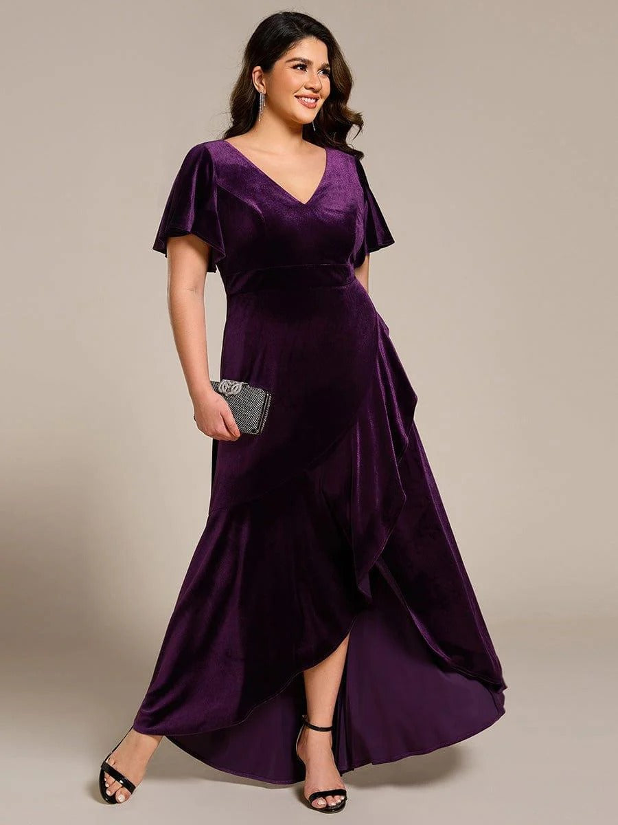Rovika Fashion Women's Dark Purple Velvet V-Neck Ruffled High-Low Evening Gown