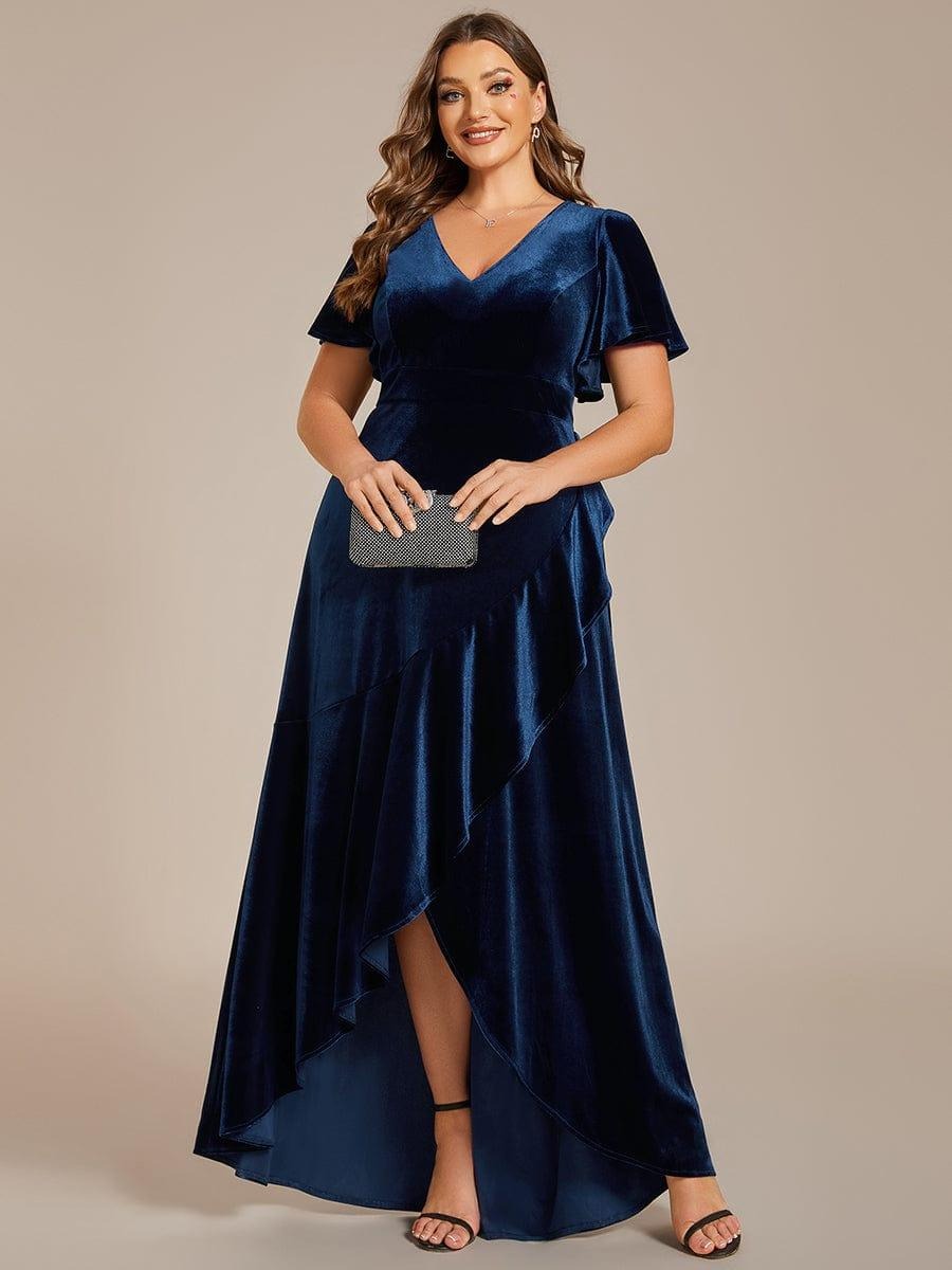 Rovika Fashion Women's Navy Blue Velvet V-Neck Ruffled High-Low Evening Gown