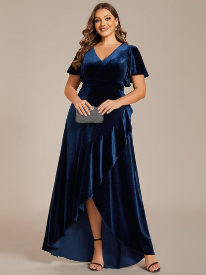 Rovika Fashion Women's Navy Blue Velvet V-Neck Ruffled High-Low Evening Gown