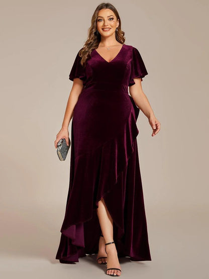 Rovika Fashion Women's Burgundy Velvet V-Neck Ruffled High-Low Evening Gown