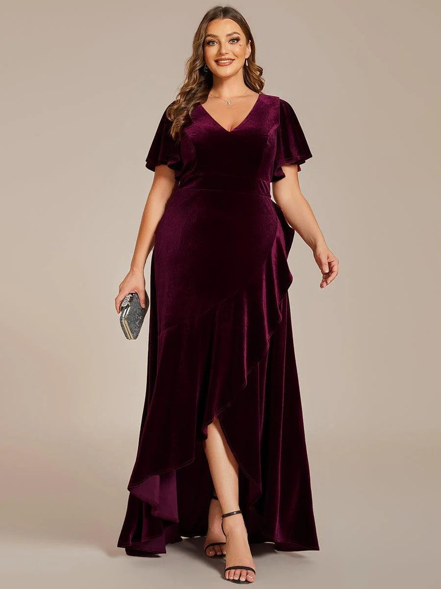 Rovika Fashion Women's Burgundy Velvet V-Neck Ruffled High-Low Evening Gown