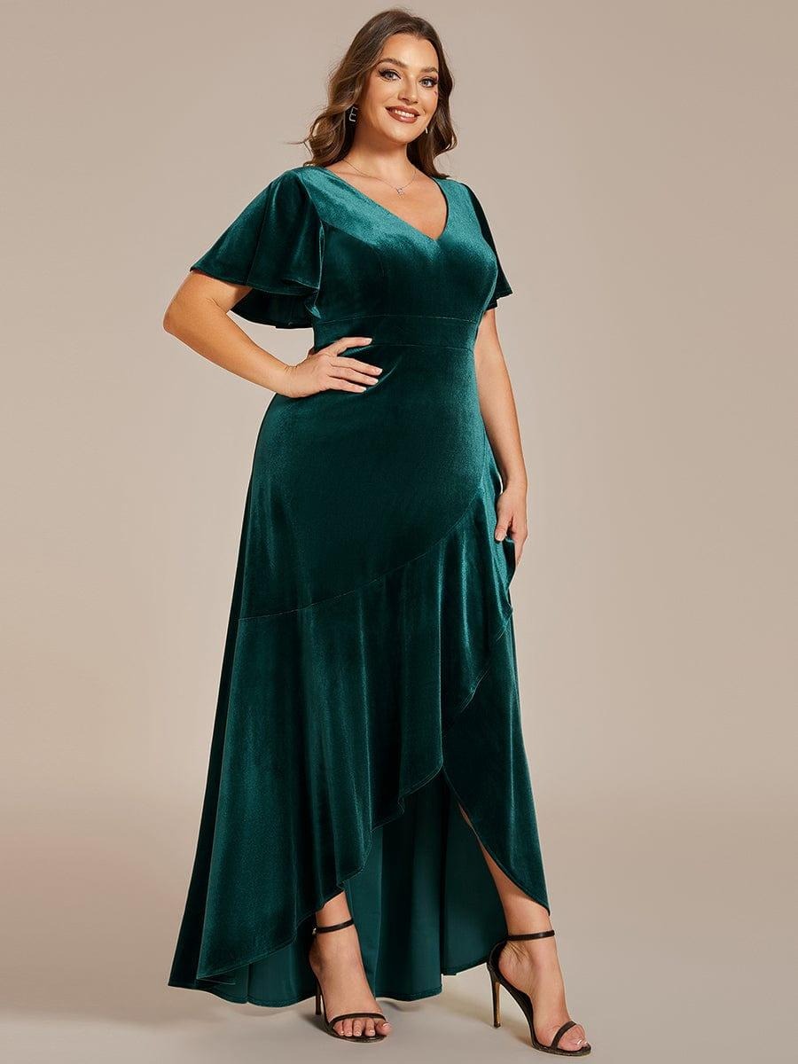 Rovika Fashion Women's Dark Green Velvet V-Neck Ruffled High-Low Evening Gown