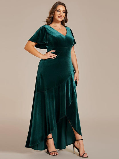 Rovika Fashion Women's Dark Green Velvet V-Neck Ruffled High-Low Evening Gown