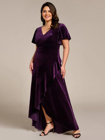 Rovika Fashion Women's Dark Purple Velvet V-Neck Ruffled High-Low Evening Gown