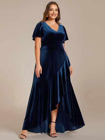 Rovika Fashion Women's Navy Blue Velvet V-Neck Ruffled High-Low Evening Gown