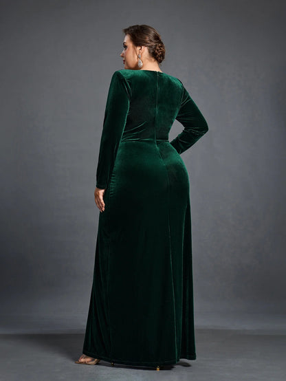 Rovika Fashion Women Elegant  velvet  Maxi Gowns Dress Green