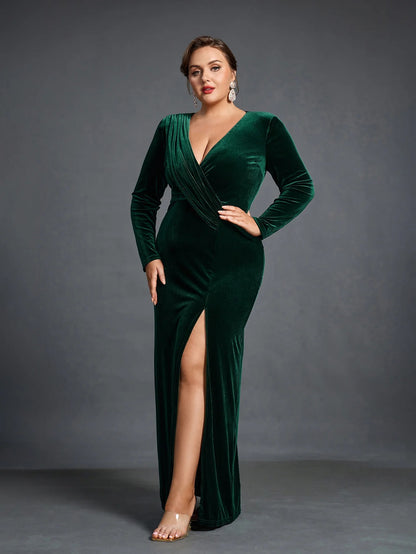 Rovika Fashion Women Elegant  velvet  Maxi Gowns Dress Green
