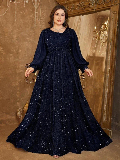Rovika Fashion Women's Navy Blue Heavy Sequin Balloon Sleeve Evening Gown