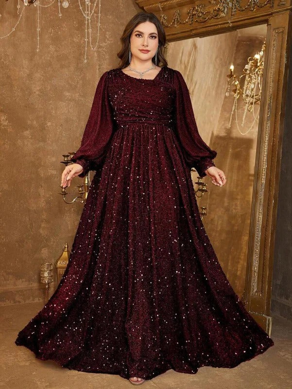 Rovika Fashion Women's Maroon Heavy Sequin Balloon Sleeve Evening Gown
