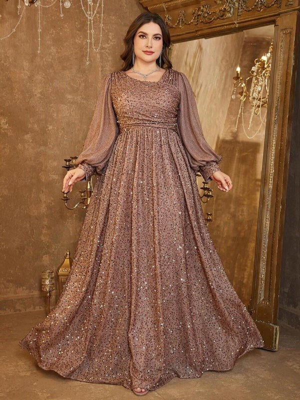 Rovika Fashion Women's Champagne Brown Heavy Sequin Balloon Sleeve Evening Gown