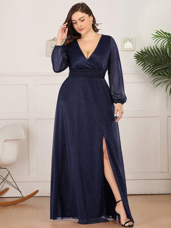 Rovika Fashion Women's Navy Blue Shimmer Shimmer V-Neck Slit Evening Gown