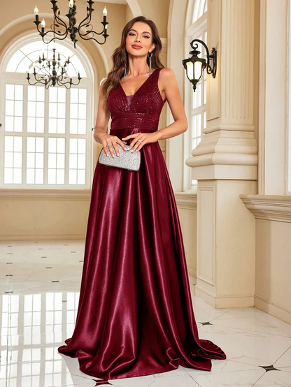 Women's  Maroon Satin Evening Gown | Elegant V-Neck Floor Length Party Wear Dress