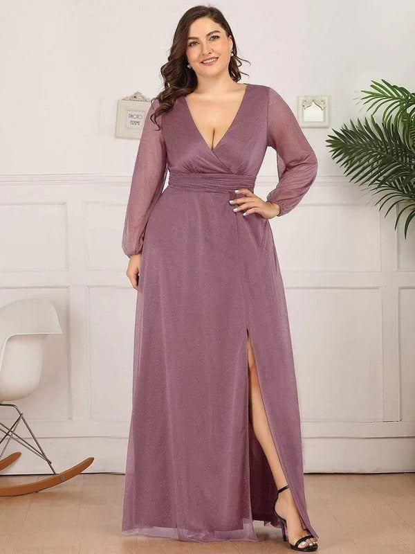 Rovika Fashion Women's Lavender Shimmer V-Neck Slit Evening Gown