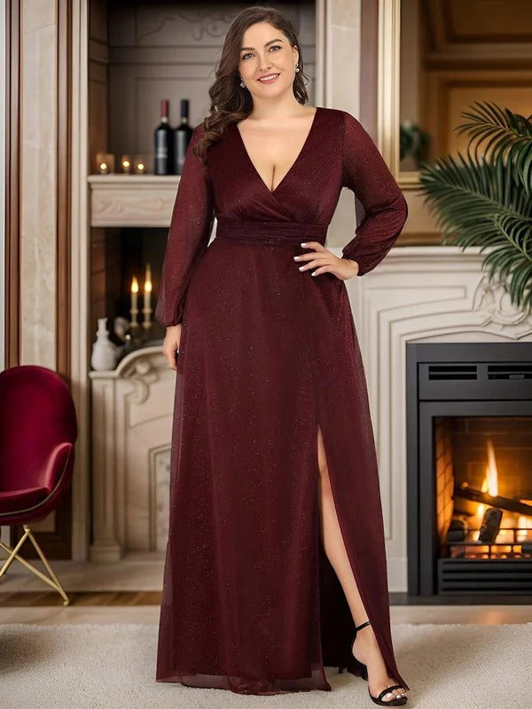 Rovika Fashion Women's Maroon Shimmer V-Neck Slit Evening Gown
