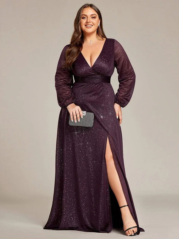Rovika Fashion Women's Wine Shimmer V-Neck Slit Evening Gown (Copy)
