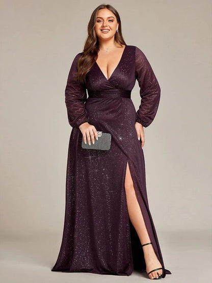 Rovika Fashion Women's Wine Shimmer V-Neck Slit Evening Gown (Copy)